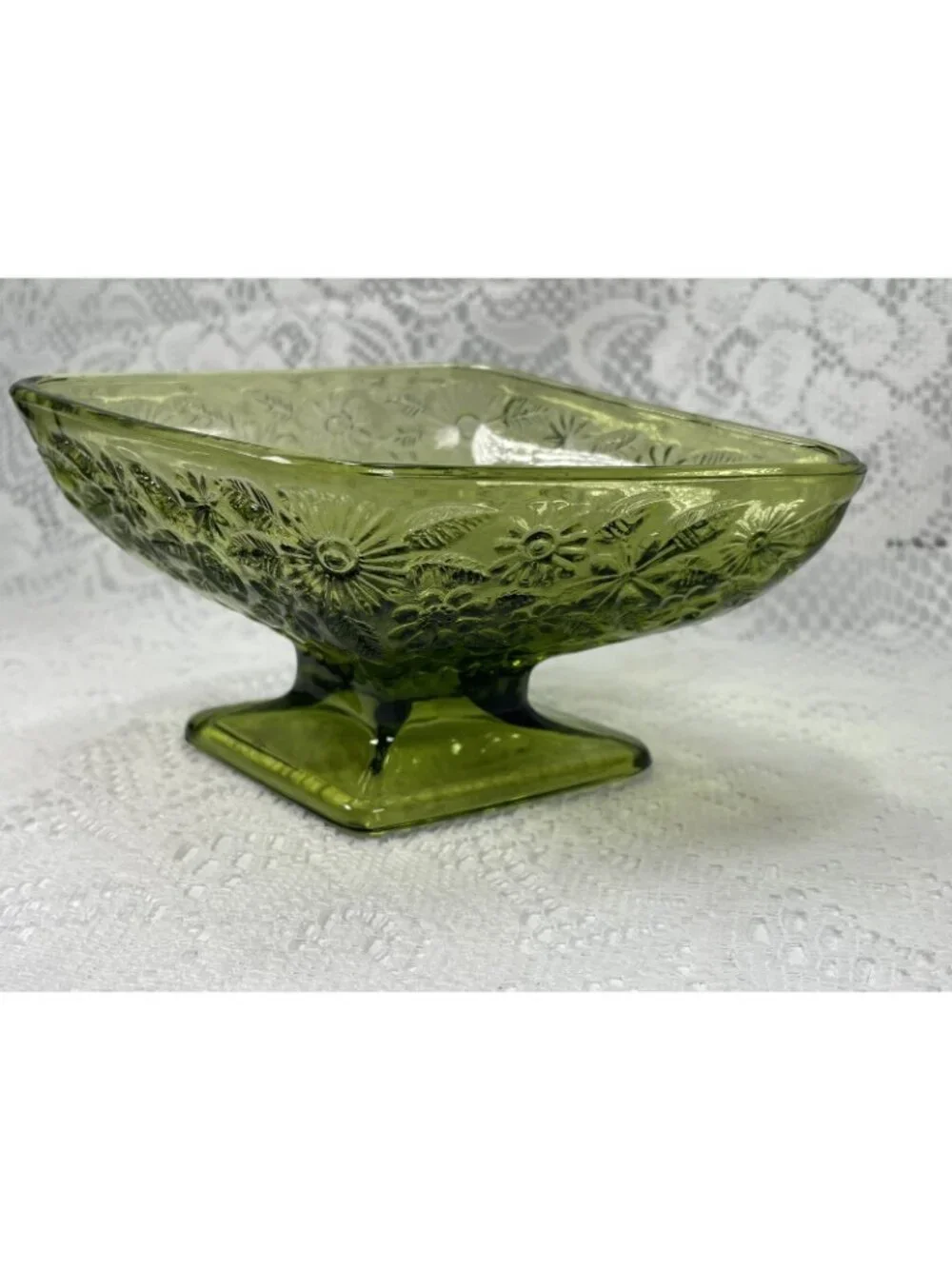Vintage Green Indiana Glass Daisy Floral Candy Dish, Diamond Shaped Dish